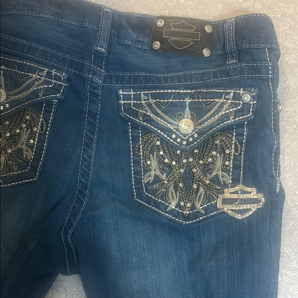 Harley Davidson new Embroidered pocket Blue Jeans bell bottom size 10 tall